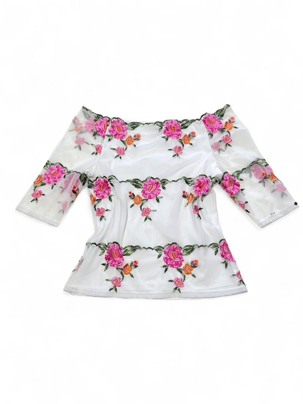 White Off-Shoulder Mesh Blouse with Pink Rose Embroidery